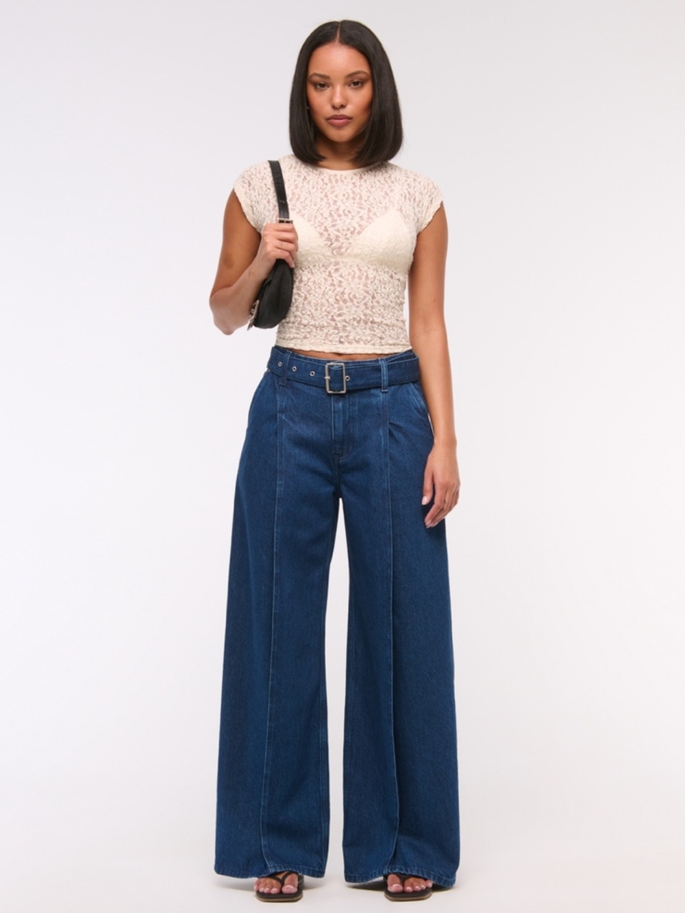 Abercrombie High-Waist Wide Leg Dark Blue Denim Pants with Belt